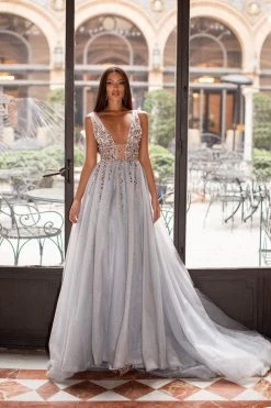 Alamour Made-To-Order Yolanda Beaded Tulle Gown - Silver