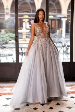 Alamour Made-To-Order Yolanda Beaded Tulle Gown - Silver