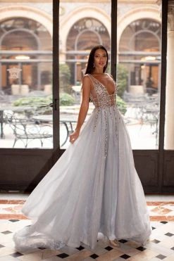 Alamour Made-To-Order Yolanda Beaded Tulle Gown - Silver