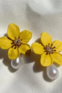 Alamour The Label Adele Yellow Flower Pearl Studs NEW ARRIVALS