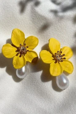 Alamour The Label Adele Yellow Flower Pearl Studs NEW ARRIVALS