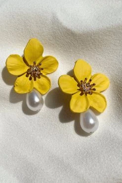 Alamour The Label Adele Yellow Flower Pearl Studs NEW ARRIVALS