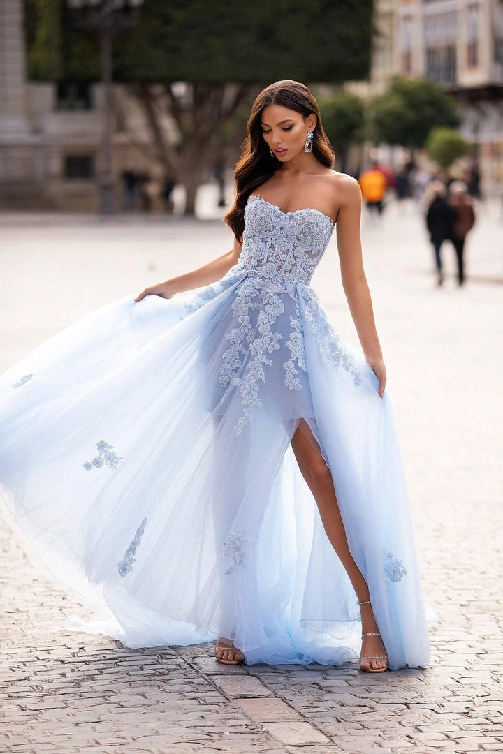 Alamour Made-To-Order Estafania Beaded Tulle Gown - Baby Blue A-Line Gowns Alamour Made-To-Order Estafania Beaded Tulle Gown - Baby Blue A-Line Gowns